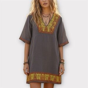 Uncle‎ Frank Linen Tunic Dress Women's Medium Gray Embroidered Boho Pockets